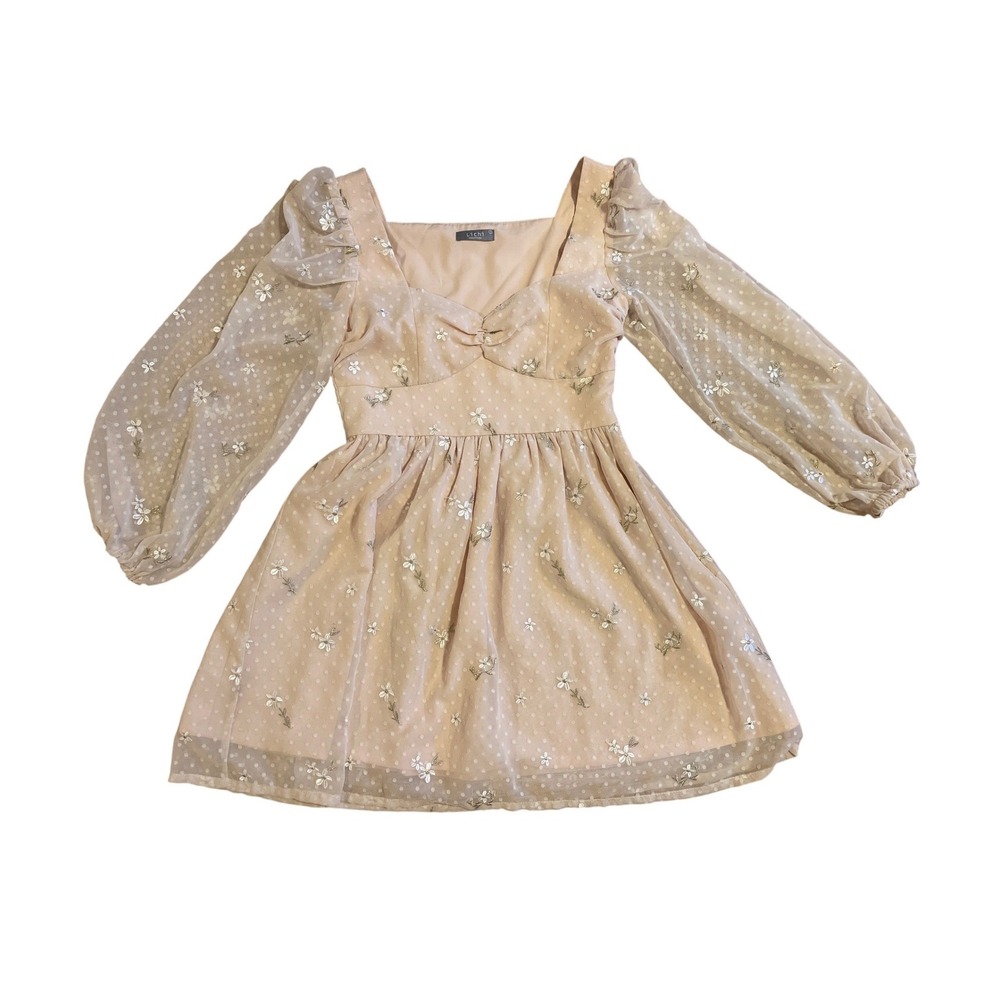 Lichi Pink Floral Swiss Dot Puff Sleeve‎ Sweetheart Mini Dress S Made in Italy
